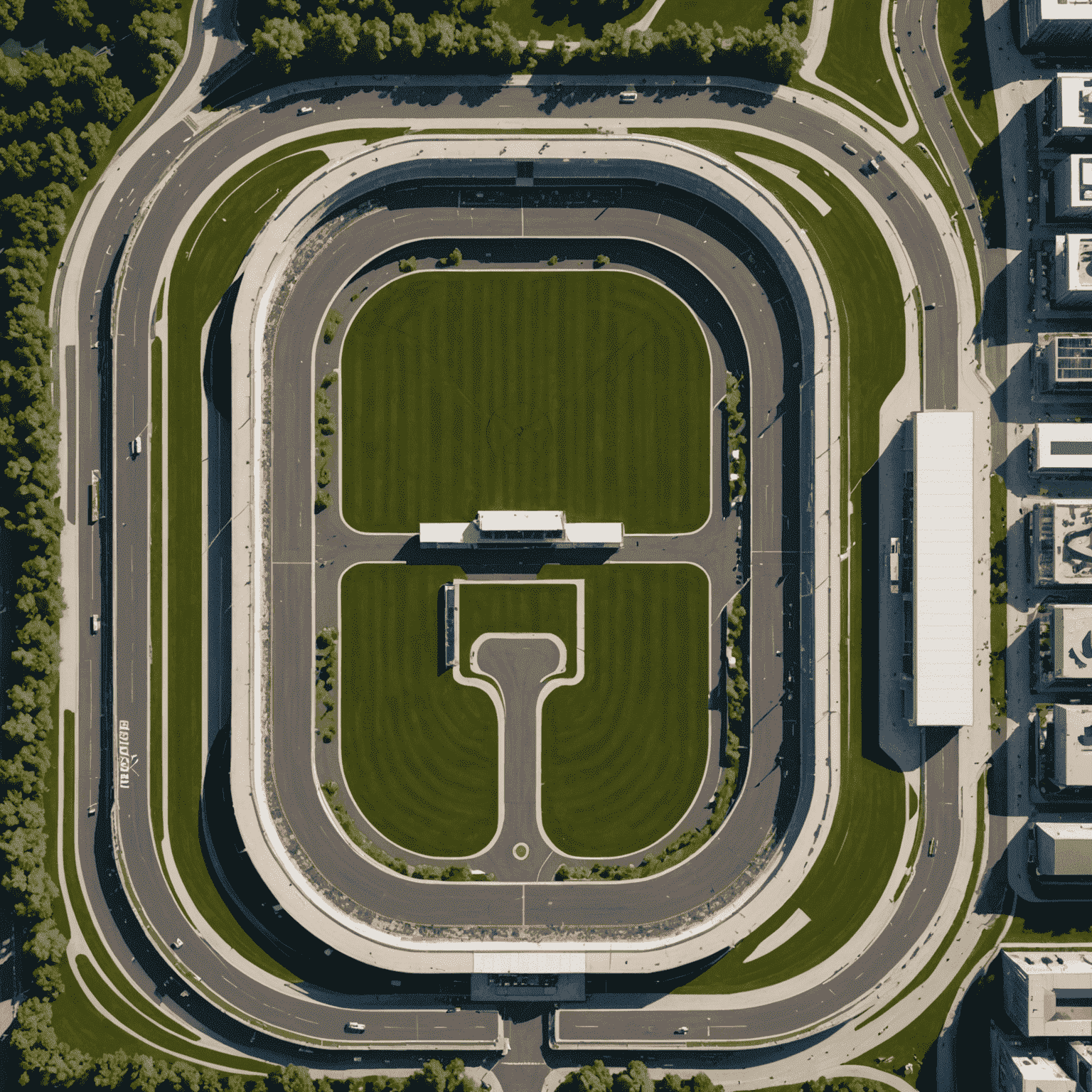 Aerial view of a new Formula 1 circuit in Montreal with modern facilities and a challenging track layout