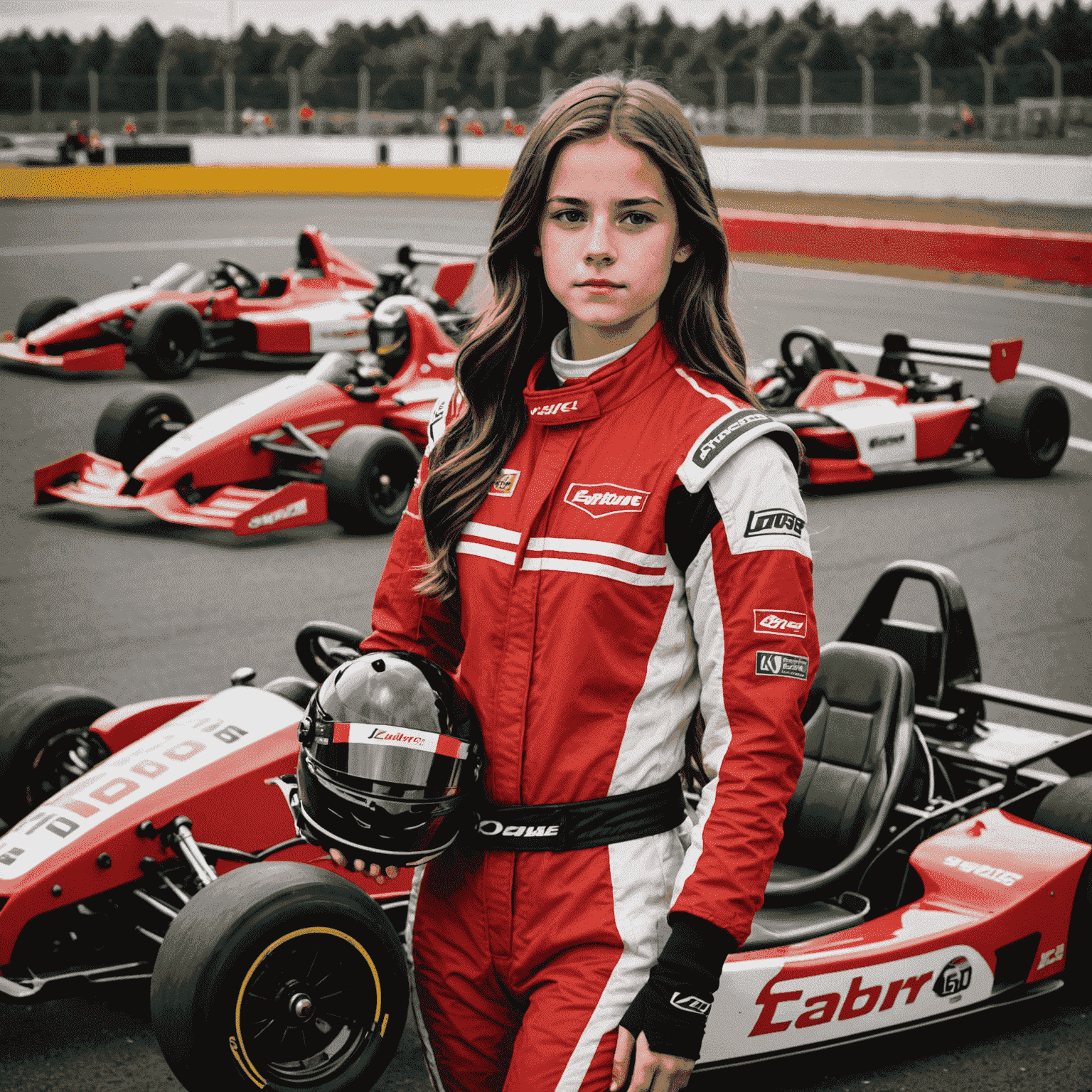 Emma Lavoie, a 15-year-old girl with long brown hair, wearing a red and white racing suit, standing next to a high-performance go-kart on a karting track