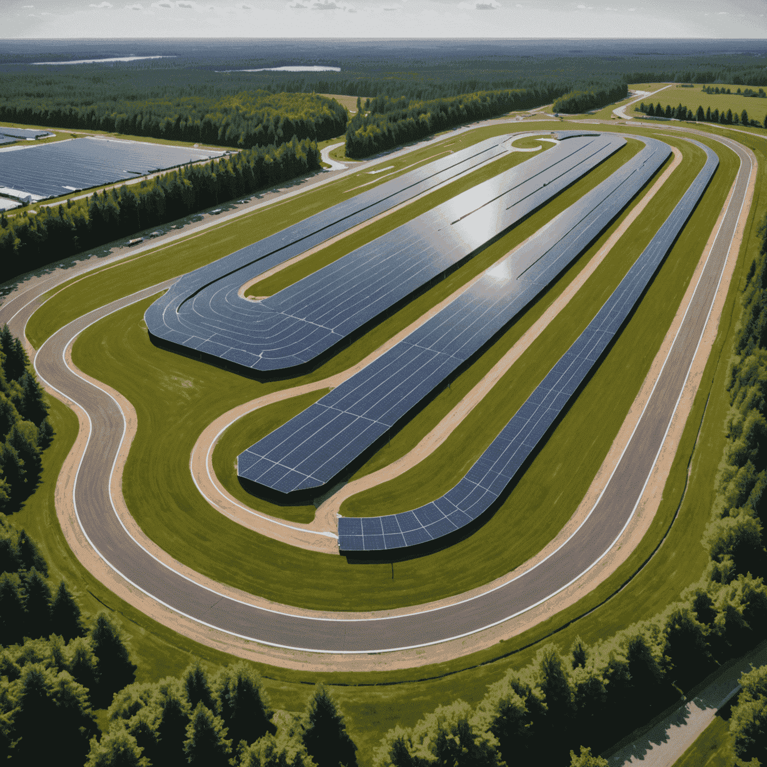 Aerial view of a Canadian eco-friendly racing track with solar panels and electric charging stations visible