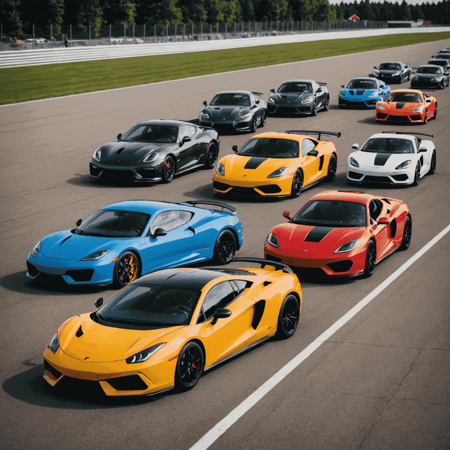 High-performance sports cars lined up on a Canadian race track, ready for rental