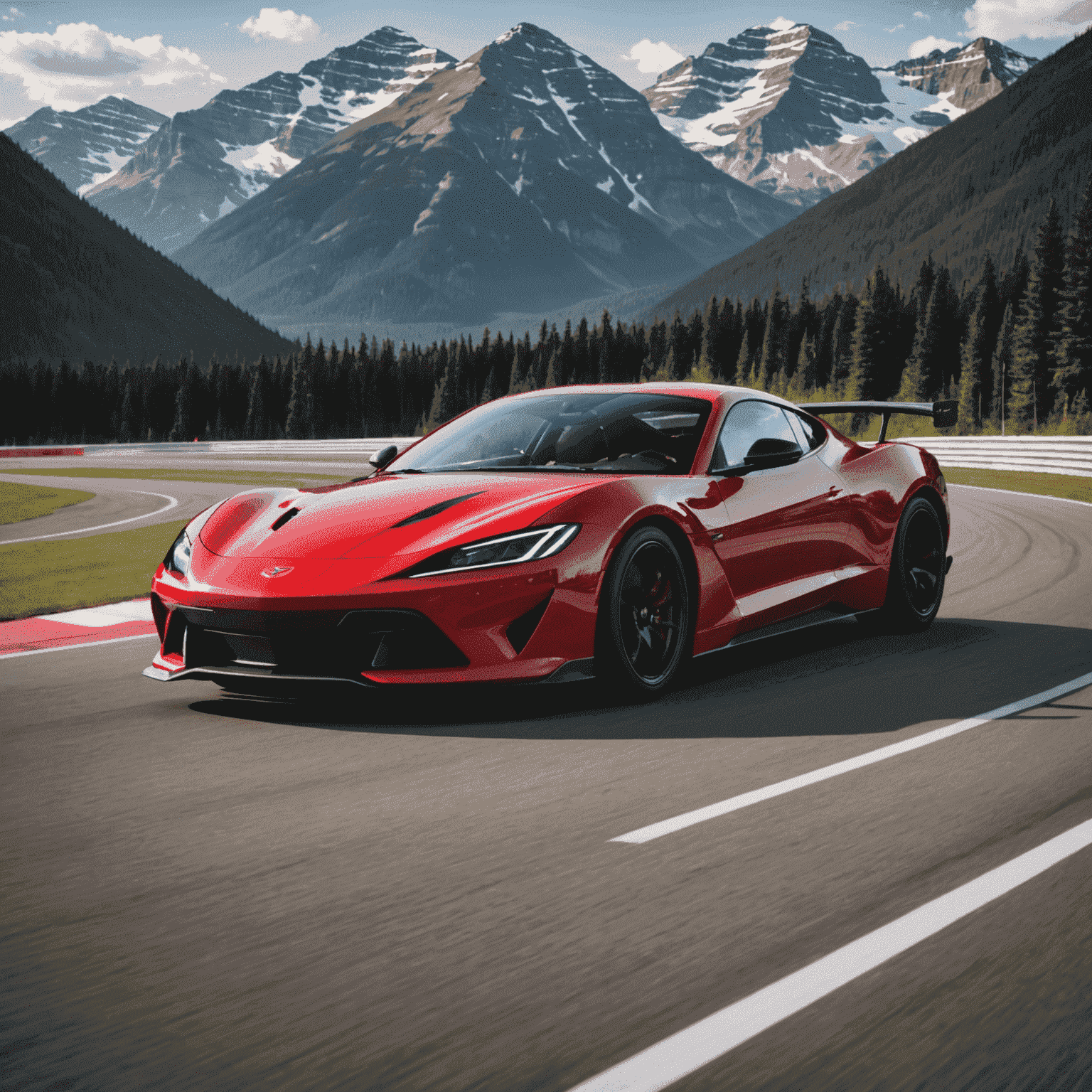 A high-performance sports car on a Canadian race track, with mountains in the background. The car is red and sleek, positioned for action on the starting line.