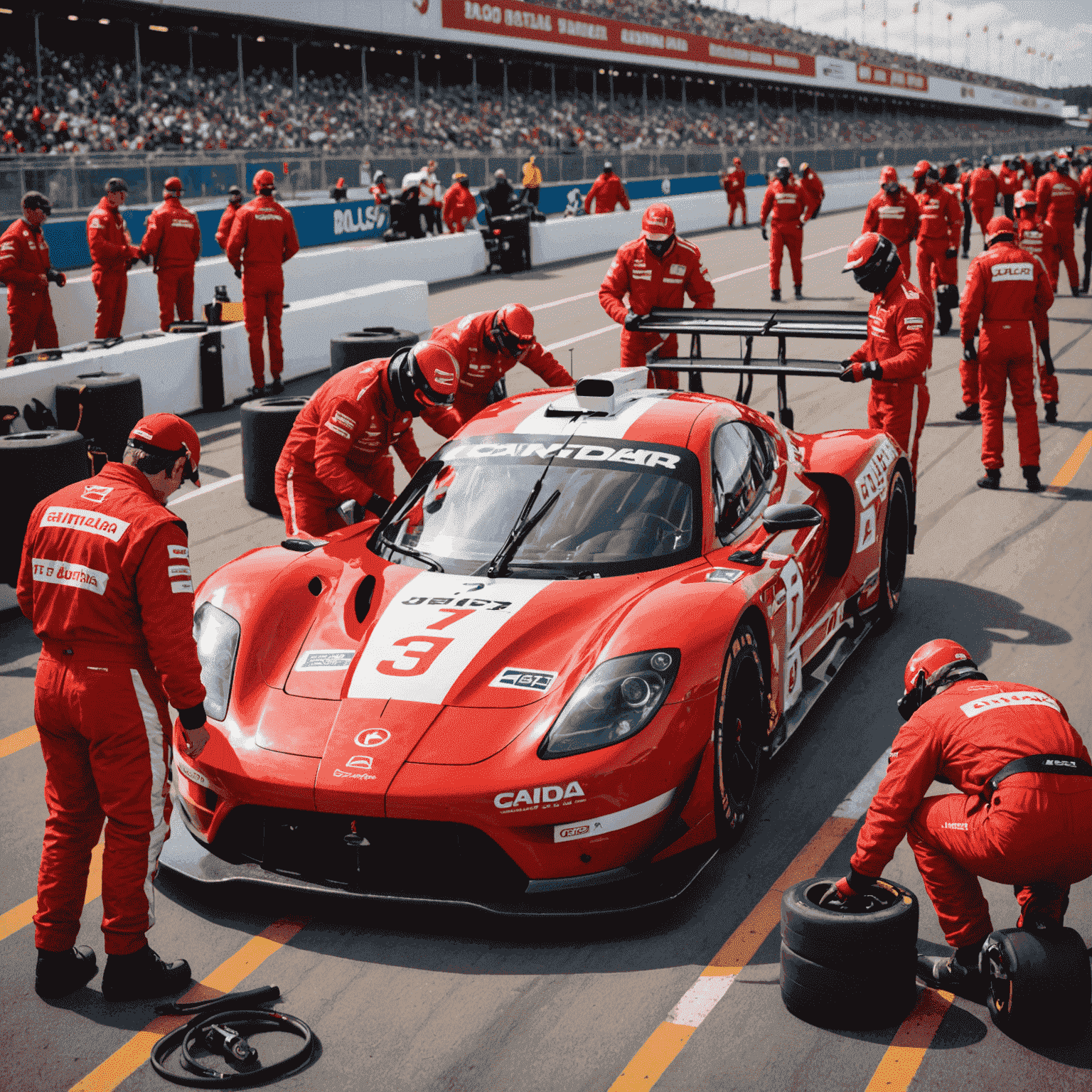 A professional Canadian race team working on their car in the pit lane, with crew members in red uniforms and the Canadian flag visible on the car