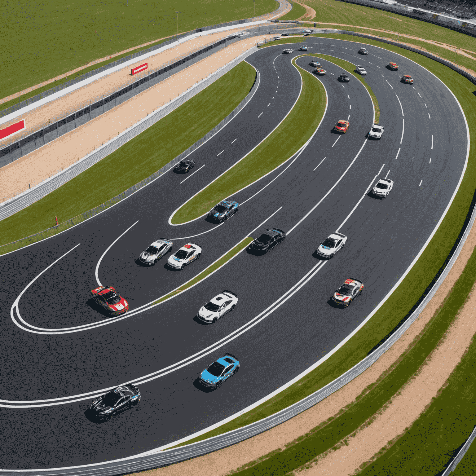 Aerial view of a professional racing track with multiple cars practicing high-speed maneuvers. Instructors can be seen on the sidelines observing and providing guidance.