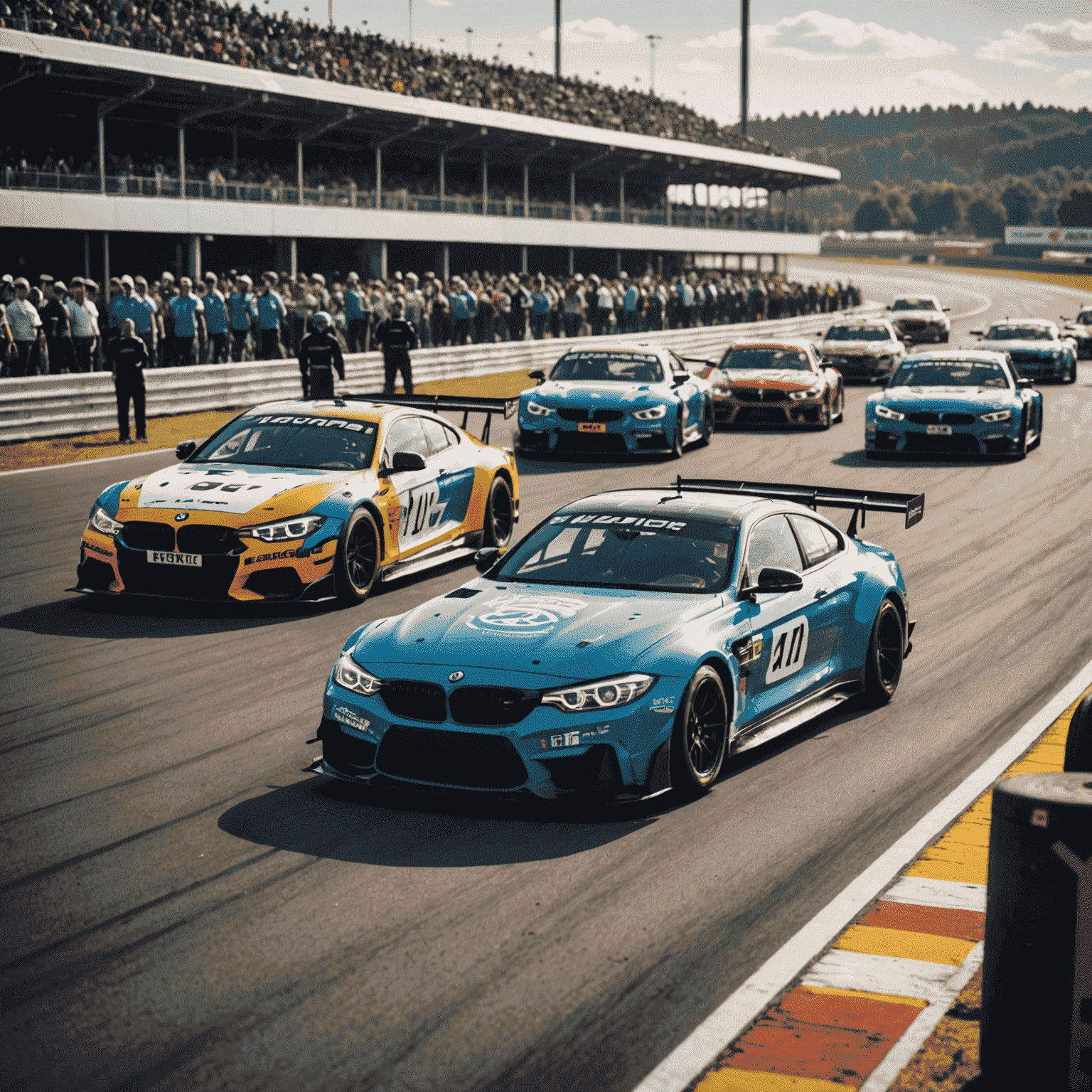 A dynamic motorsport event with race cars on a track, pit crews in action, and spectators cheering. The image showcases professional event management in progress.