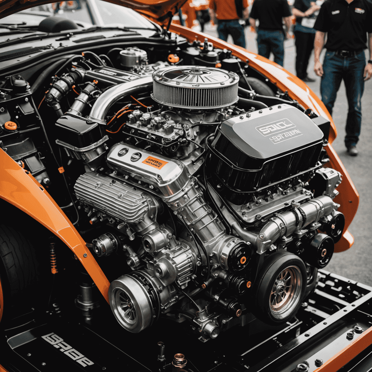 A high-performance engine being installed in a race car, showcasing advanced technology and precision engineering for motorsports in Canada