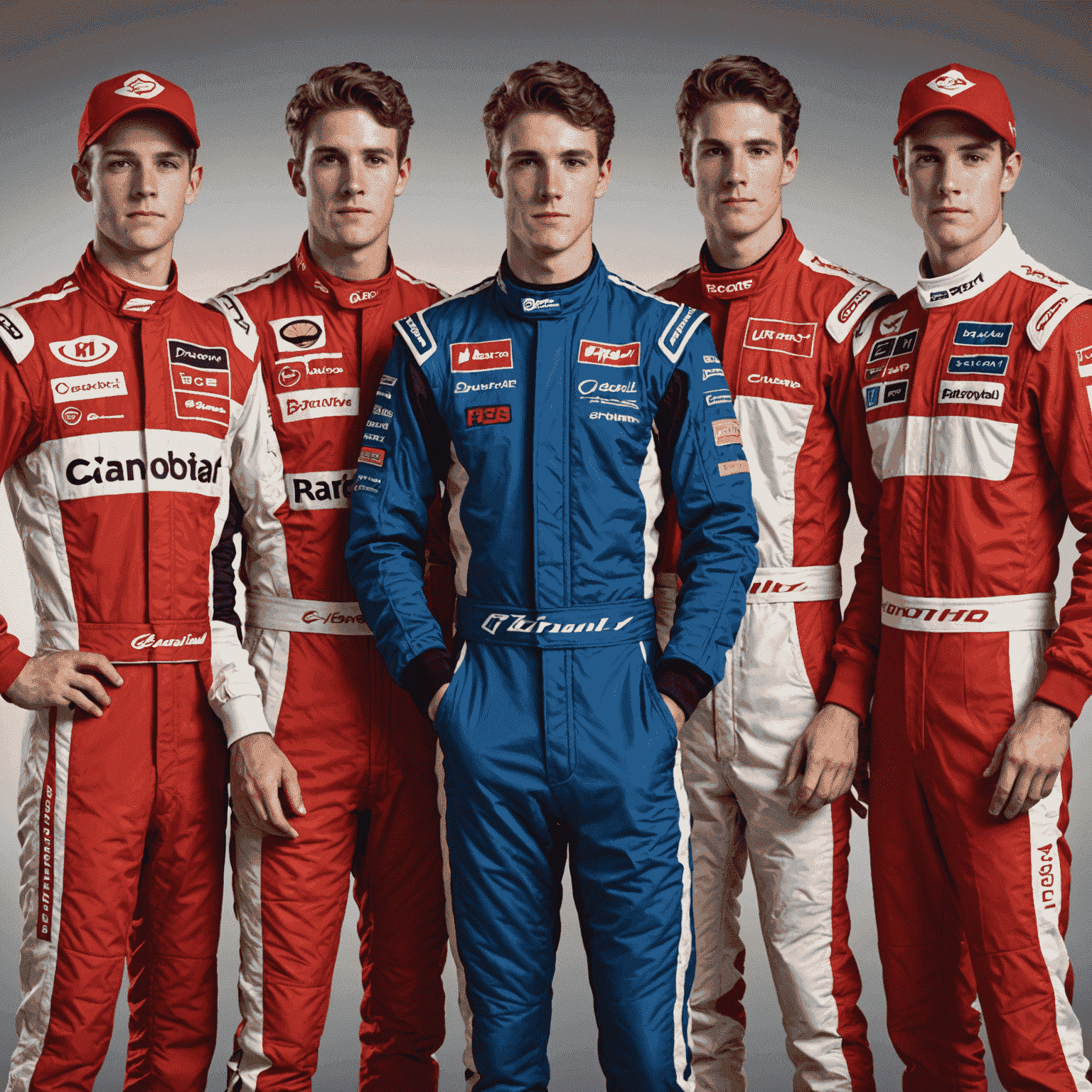 Collage of five young Canadian racing drivers in various racing suits, representing different motorsport categories