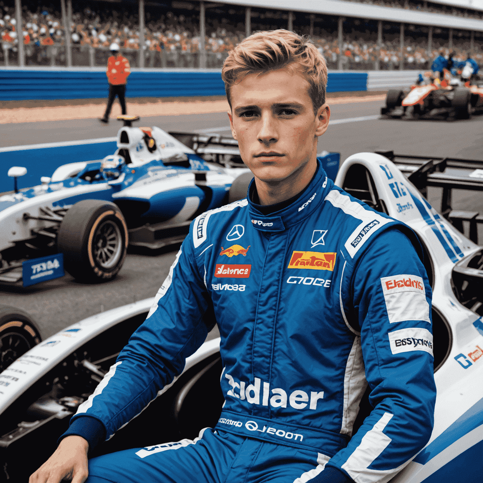 Liam Thompson, a young man with short blonde hair, wearing a blue and white racing suit, sitting in the cockpit of a Formula 3 car in the pit lane