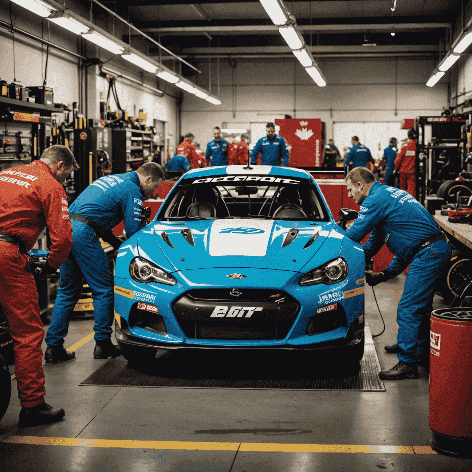 Pit crew working on a race car in a Canadian motorsport garage