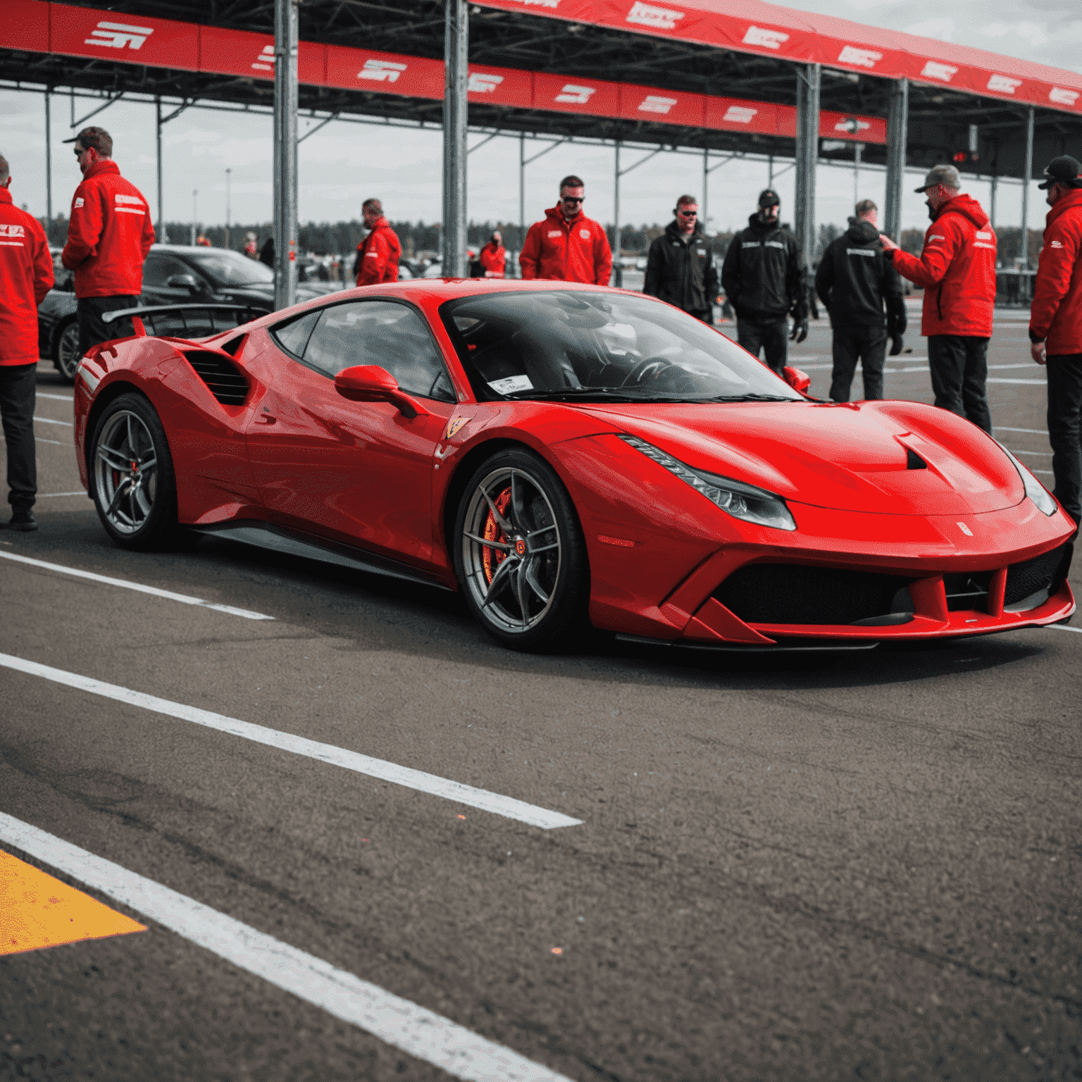 A red Ferrari 488 GTB parked in the pit lane of a Canadian motorsport circuit, with crew members in the background