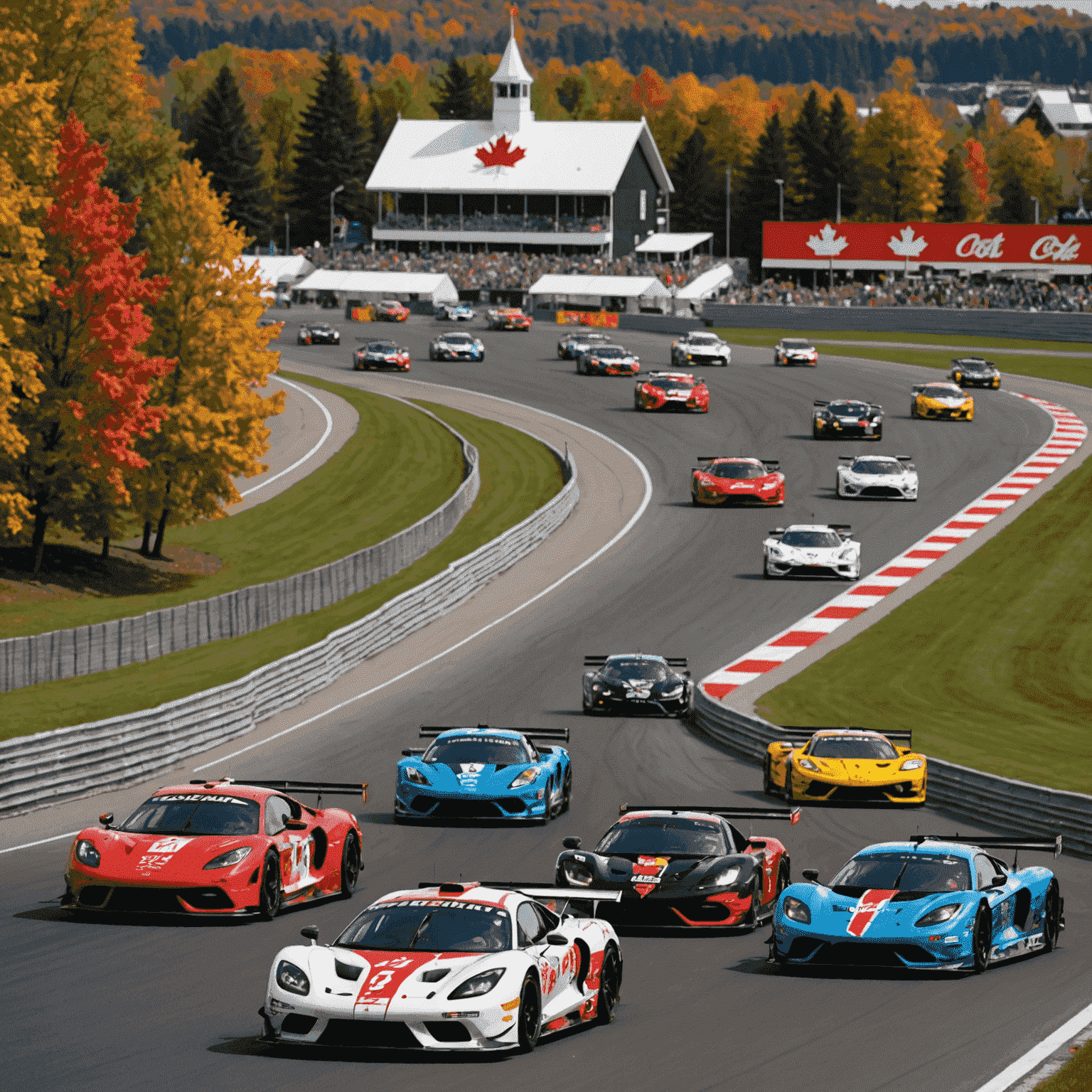 A montage of iconic Canadian racing venues, including Circuit Gilles Villeneuve in Montreal and Mosport Park, with race cars adorned with maple leaf liveries