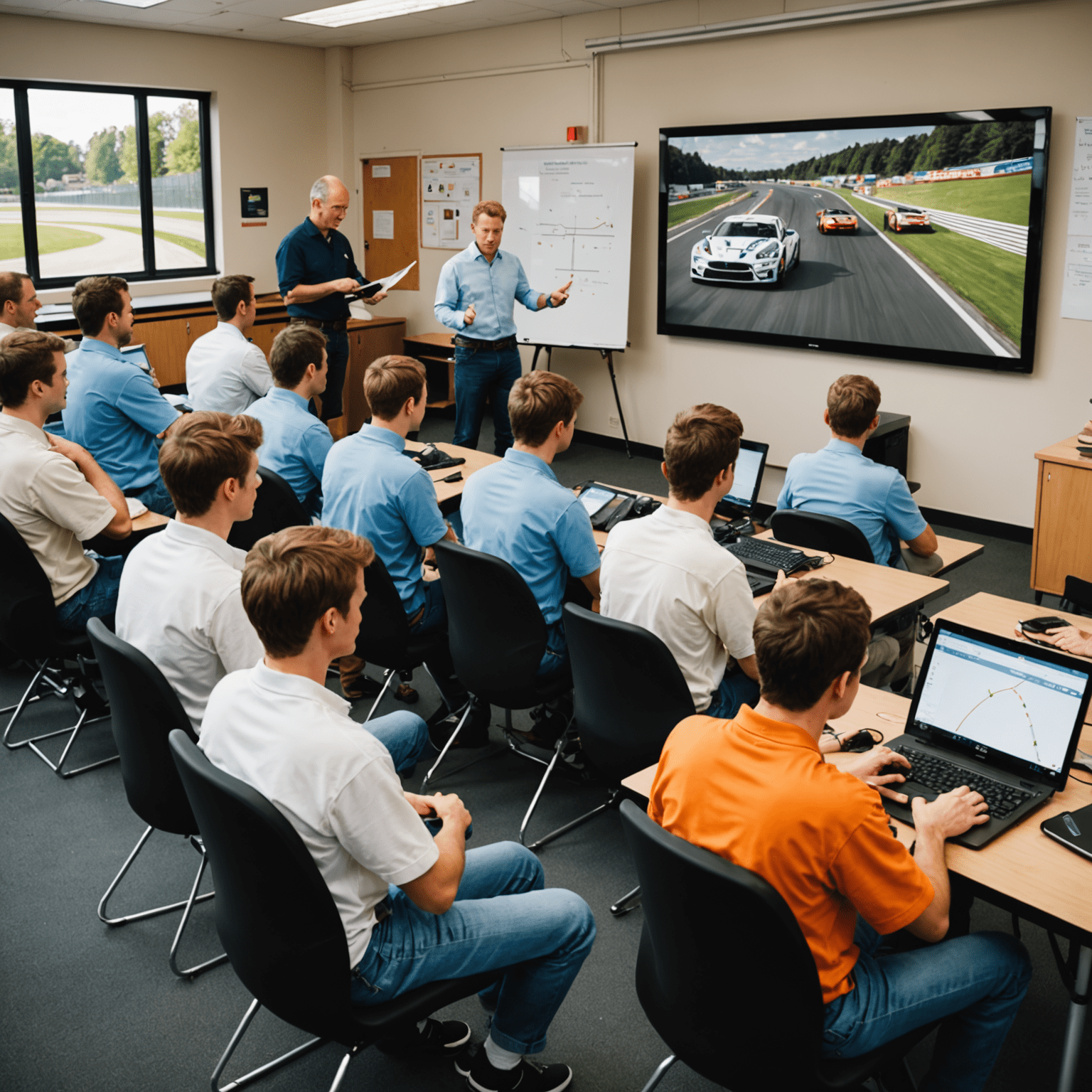 A group of novice drivers receiving classroom instruction on racing theory, with diagrams of racing lines and braking points visible on a large screen.