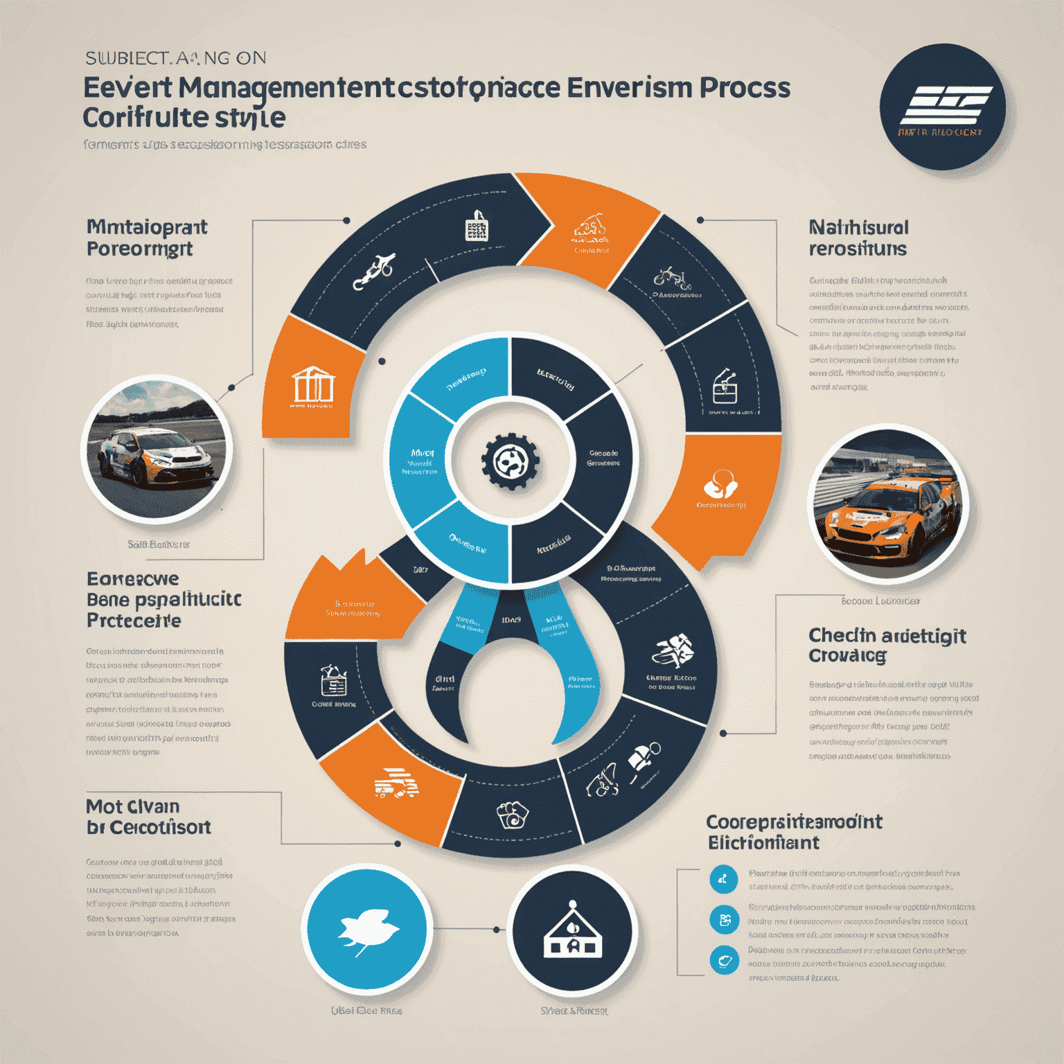 An infographic showing the six steps of our event management process, from initial consultation to post-event reporting, with motorsport-themed icons for each step.