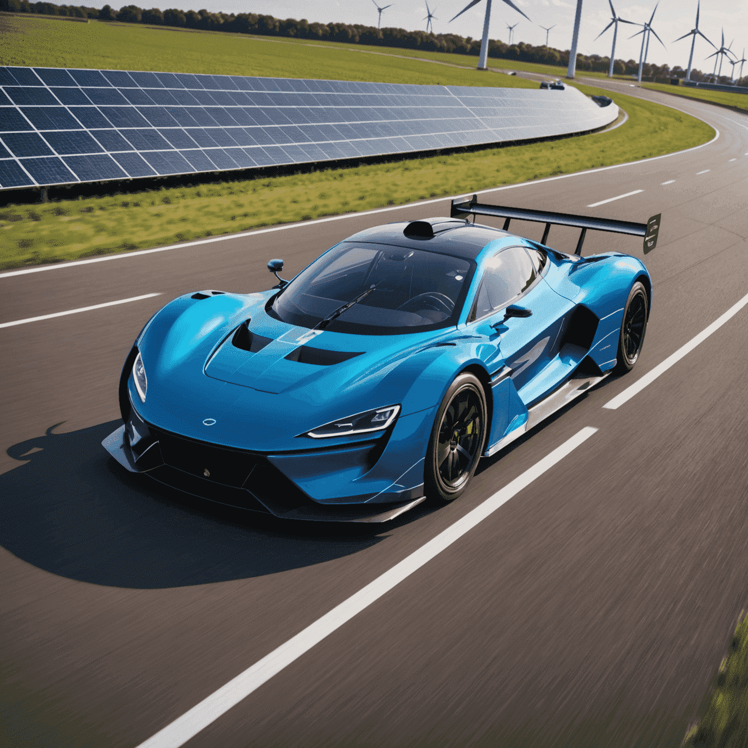 Electric racing car on a track with solar panels and wind turbines in the background, symbolizing sustainable motorsports