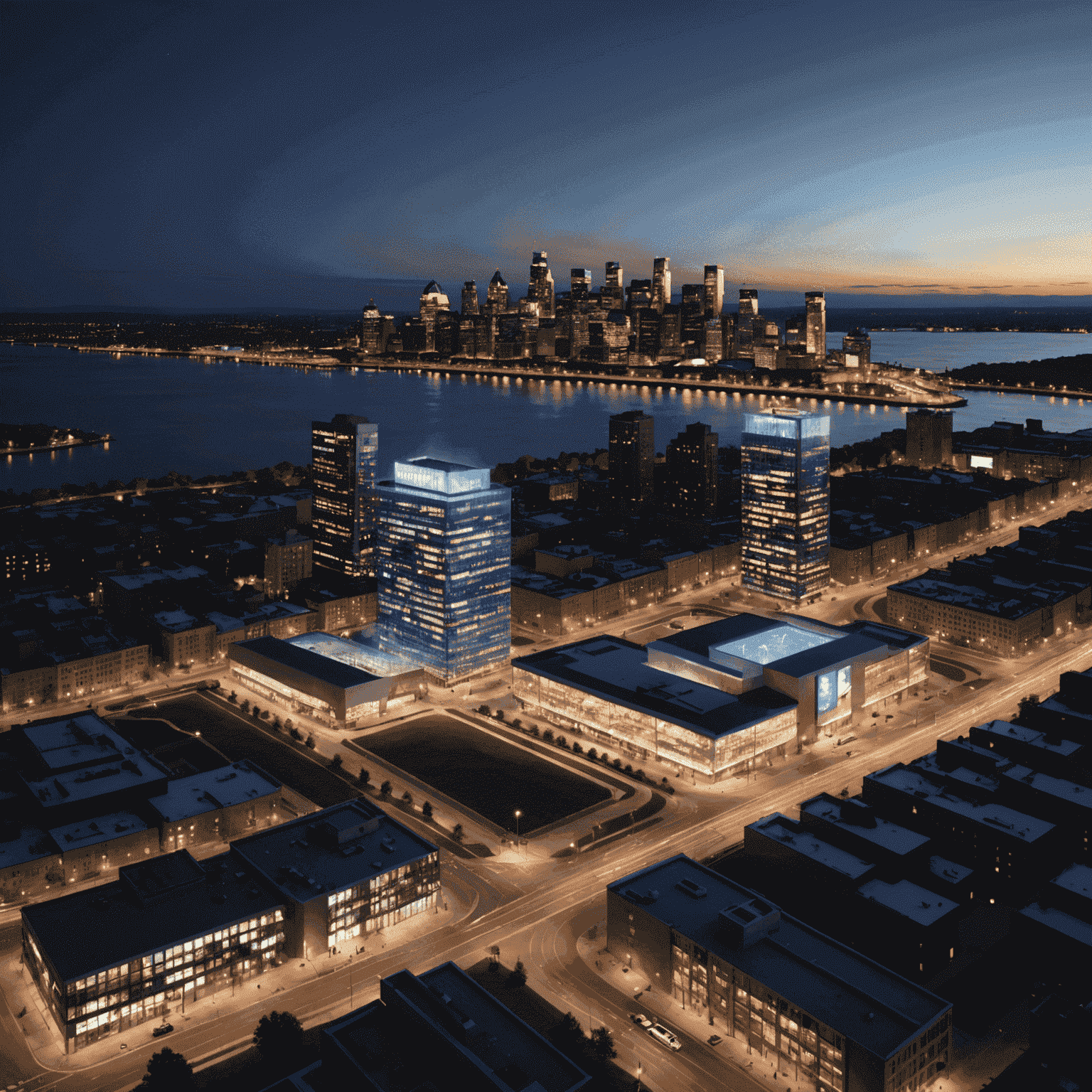 Computer-generated render of the circuit at night, highlighting the innovative lighting system and the Montreal skyline in the background