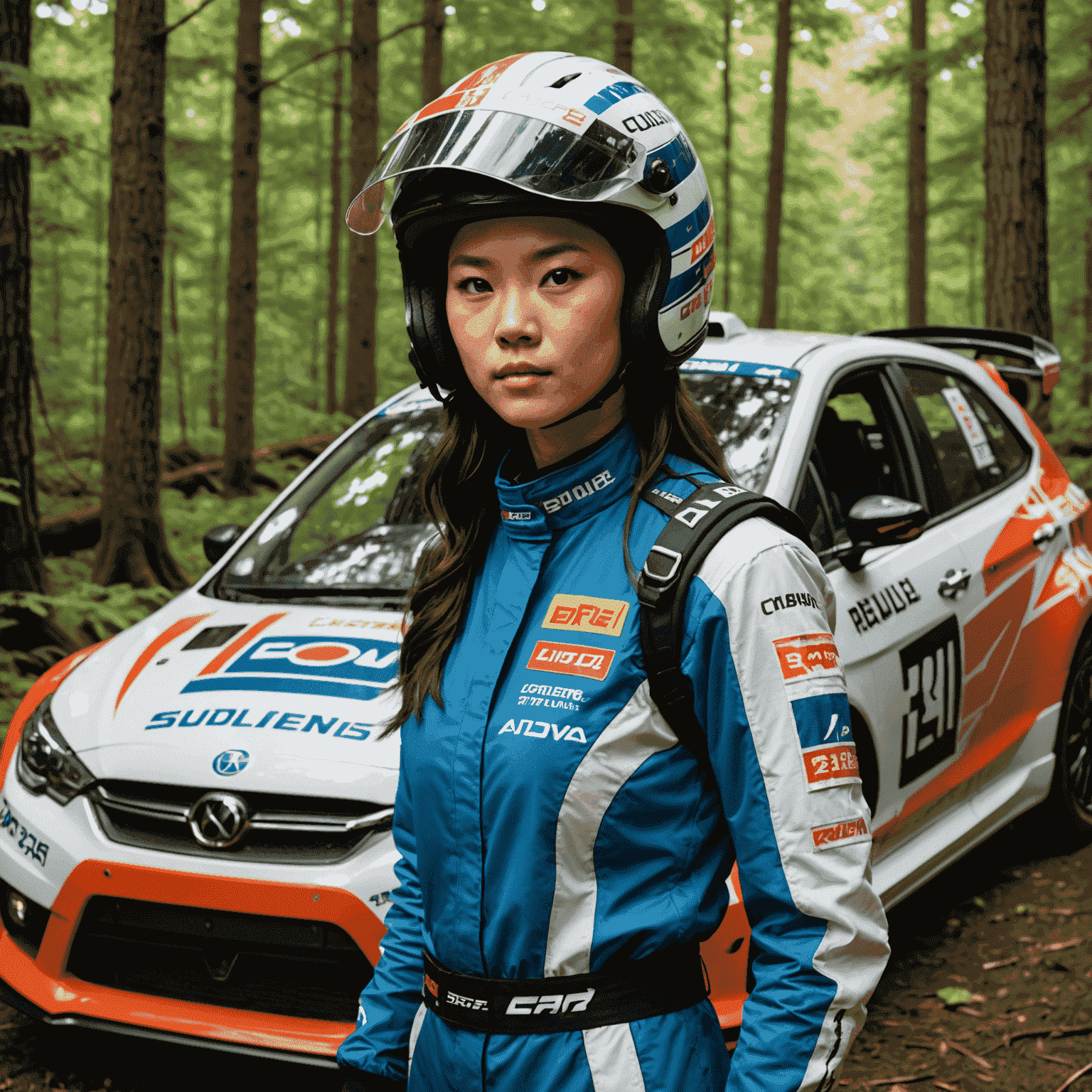 Sophie Chen, a woman of Asian descent in her early 20s, wearing a rally suit and helmet, standing next to a rally-prepared car covered in sponsor decals in a forested area