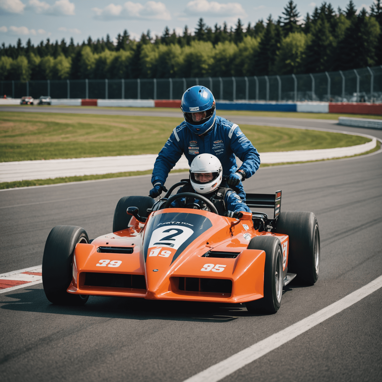 Professional instructor teaching a student in a race car on a Canadian track