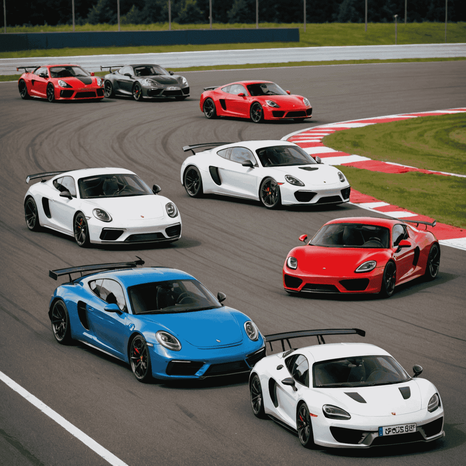 A group of sports cars lined up on a Canadian track, including models from Porsche, BMW, and Audi