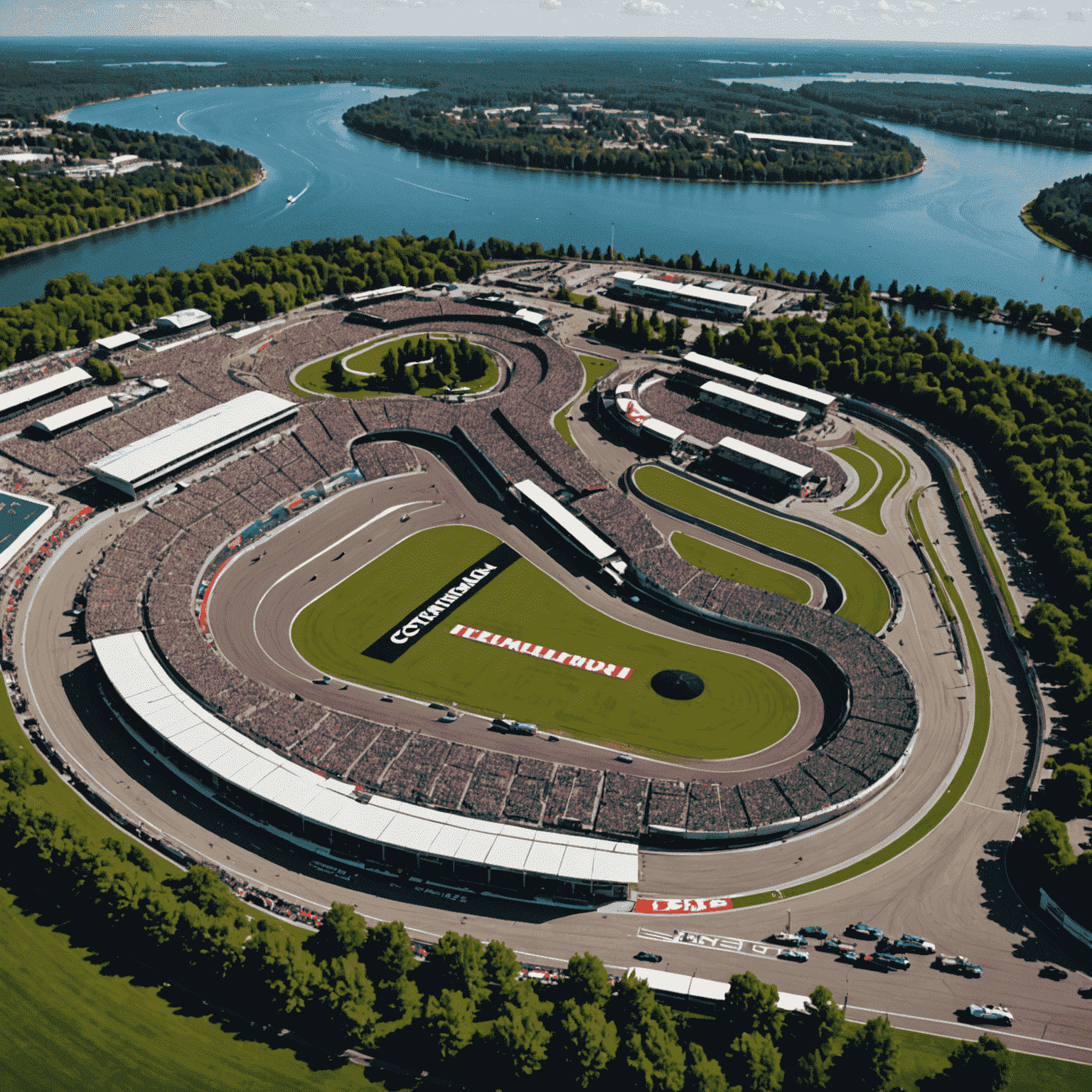 Aerial view of the Circuit Gilles Villeneuve during the Canadian Grand Prix, showcasing a packed grandstand and F1 cars on the track