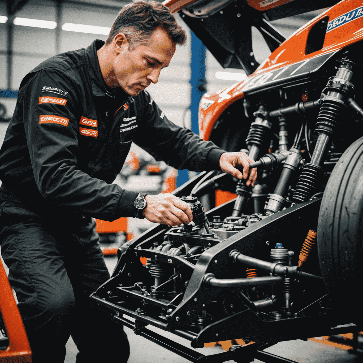 A technician adjusting the suspension system of a race car, fine-tuning it for optimal performance on Canadian race tracks
