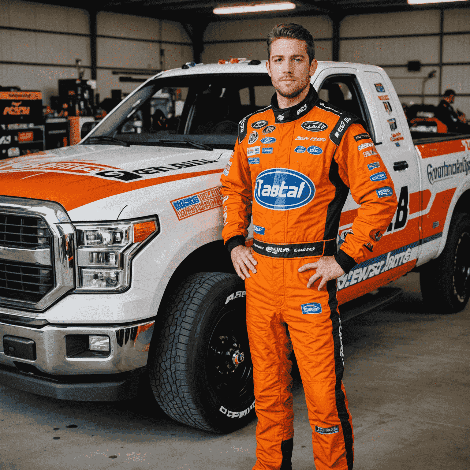 Alex Tremblay, a man in his mid-20s with a stubble, wearing a fire suit covered in sponsor logos, leaning against his NASCAR Truck Series vehicle in the garage area