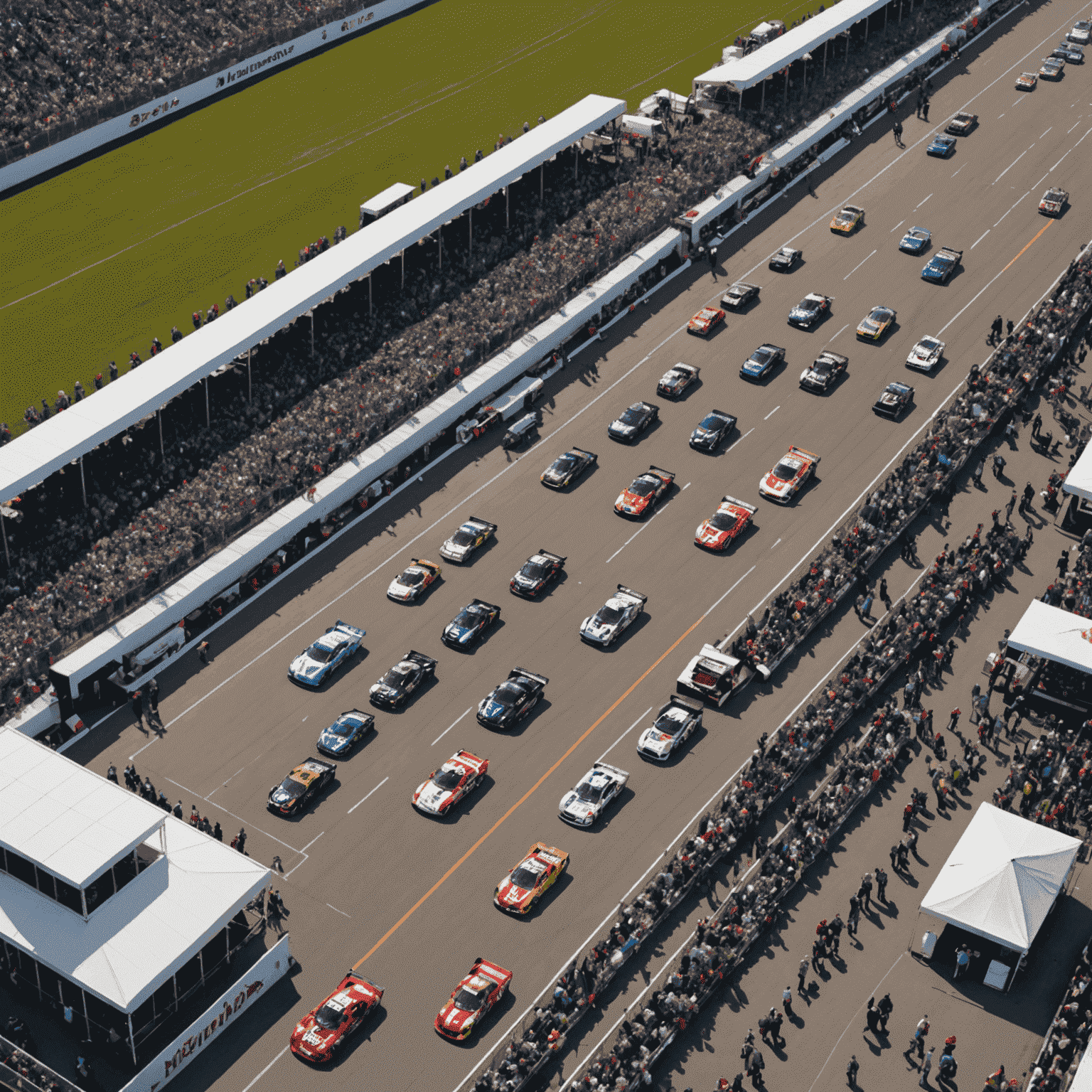Aerial view of a bustling Canadian motorsport event with race cars and spectators