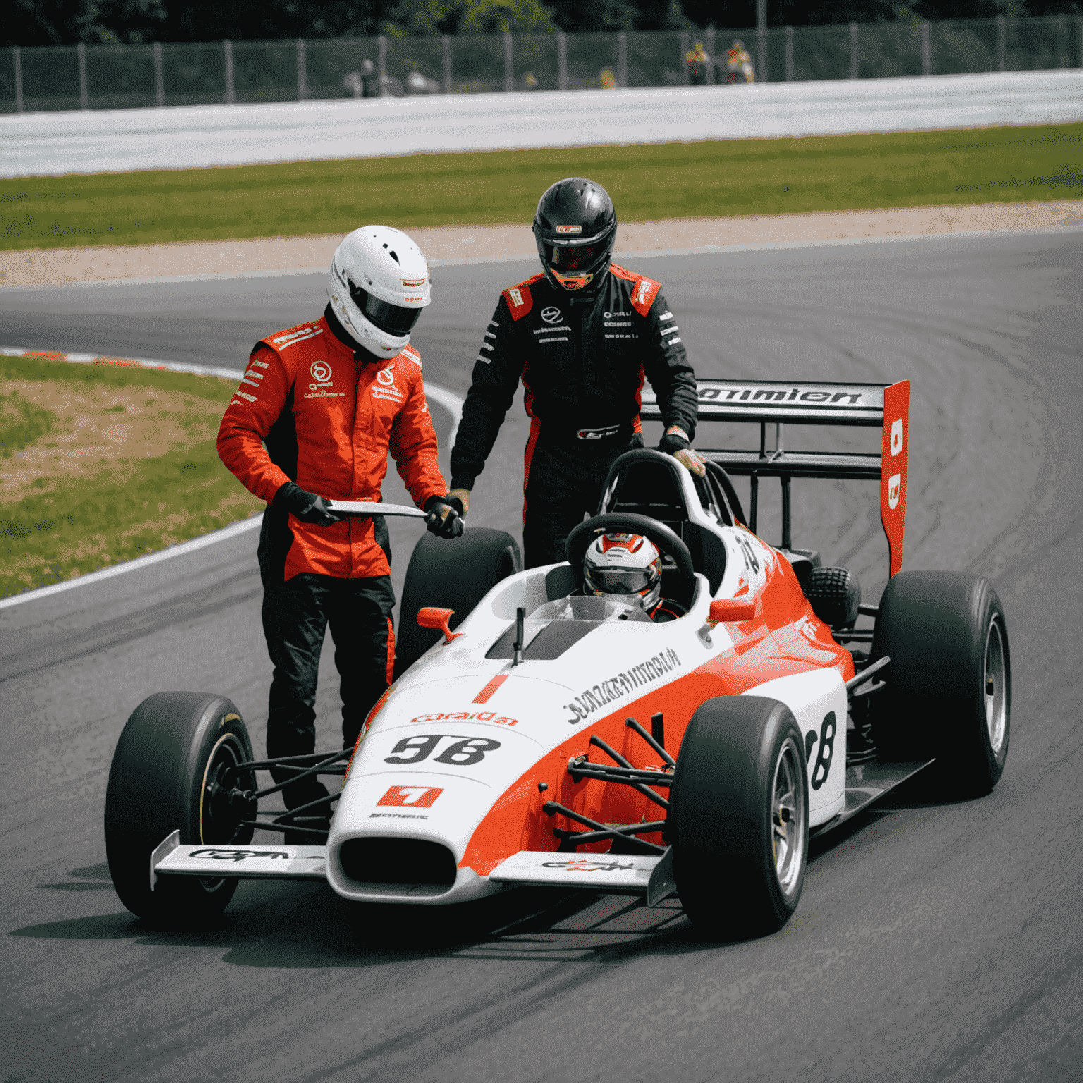 A professional racing instructor giving guidance to a driver in a race-prepared car on a Canadian motorsport track