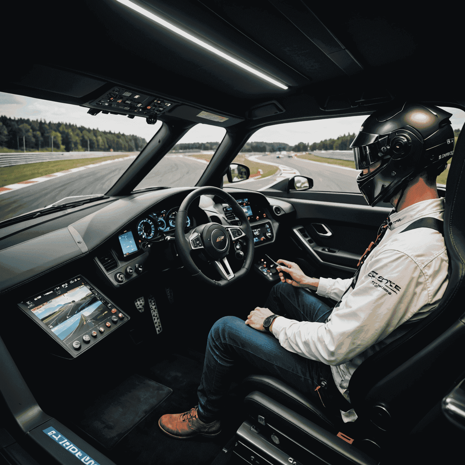 A driver practicing in a high-fidelity racing simulator, with an instructor providing real-time feedback and analysis of the driver's performance.