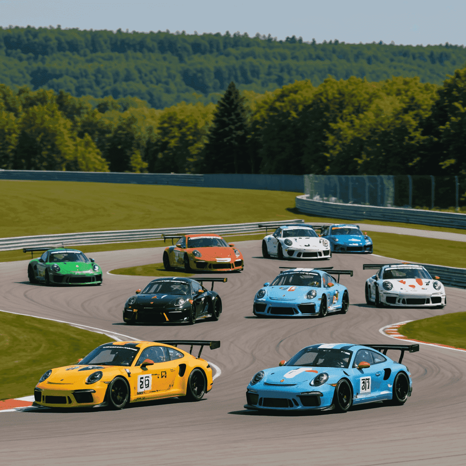 A group of GT3 cars racing at Canadian Tire Motorsport Park, with the iconic Turn 2 in the background