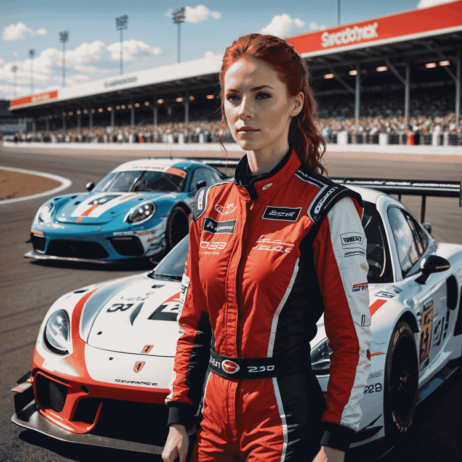 Olivia Mackenzie, a woman in her late 20s with red hair tied back, wearing a racing suit and standing in front of a GT3 race car in the pit lane of a famous endurance racing circuit