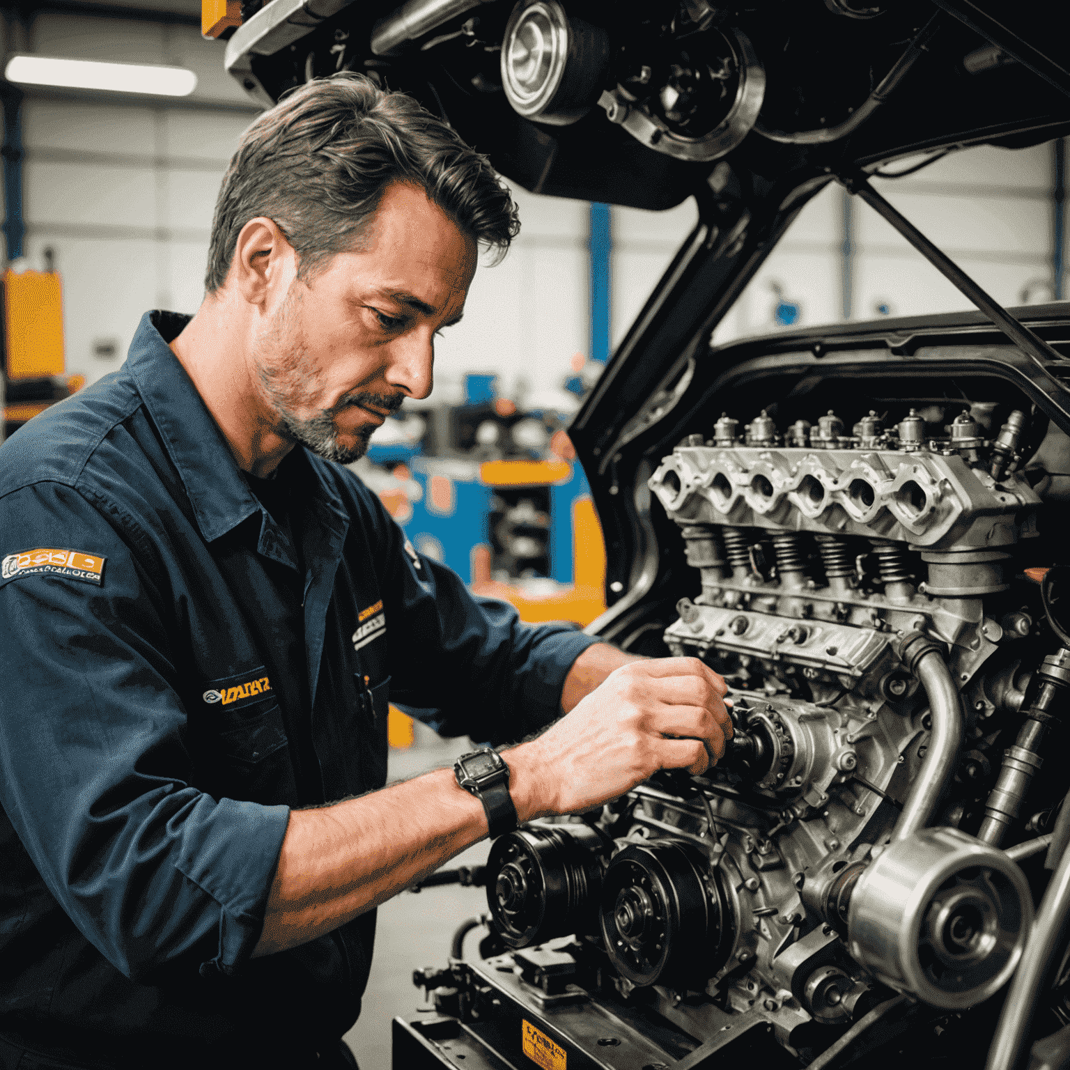 Mechanic working on a high-performance engine in a Canadian motorsport workshop