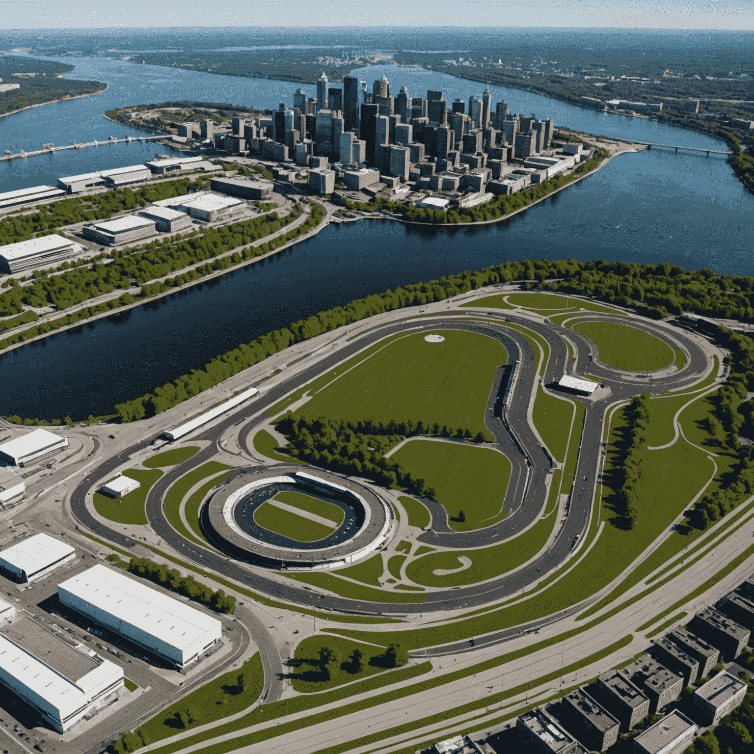 Aerial view of Circuit Gilles Villeneuve in Montreal, with the city skyline visible in the background