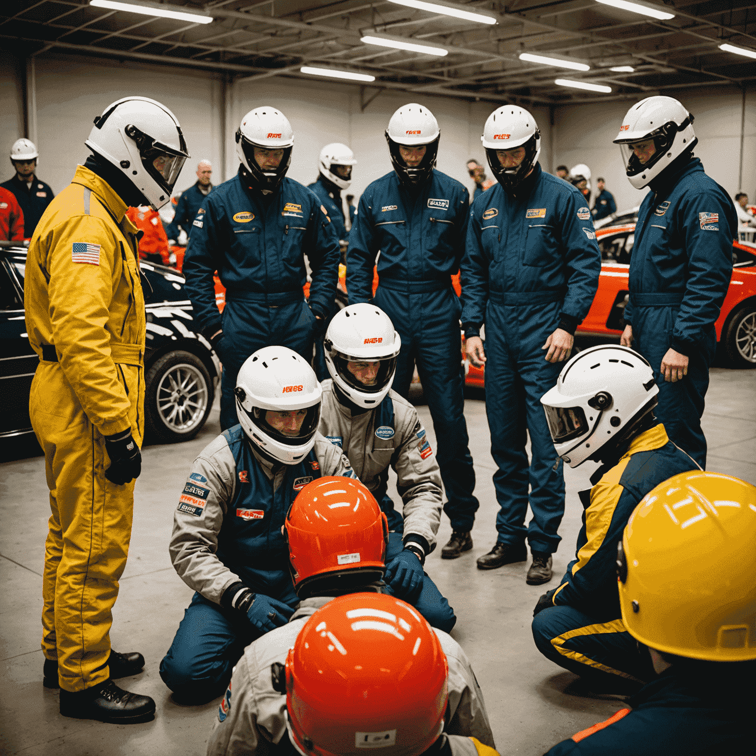 An instructor demonstrating proper use of racing safety equipment, including helmets, HANS devices, and fire-resistant suits, to a group of attentive students in a pit garage setting.