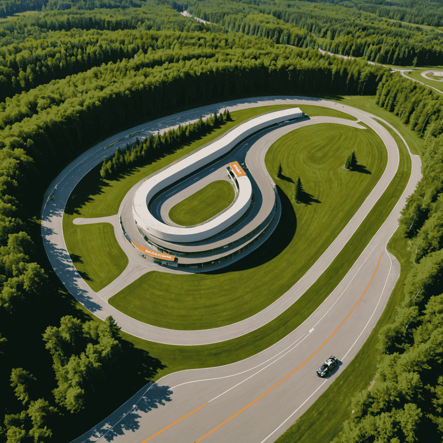 A sweeping corner of Mosport Park (Canadian Tire Motorsport Park) surrounded by lush Canadian forest