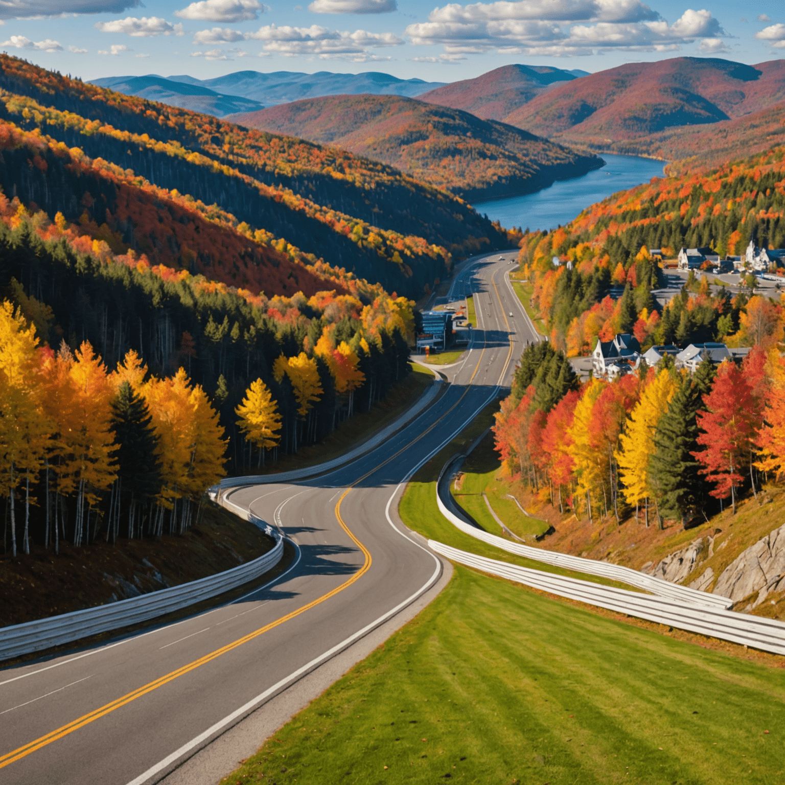 The main straight of Circuit Mont-Tremblant with colorful fall foliage in the surrounding Laurentian mountains